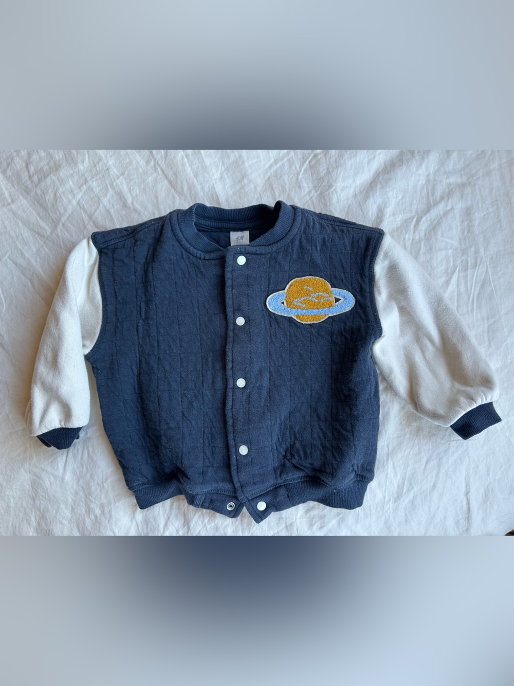 H&M Navy and Cream Planet Patch Snap Jacket